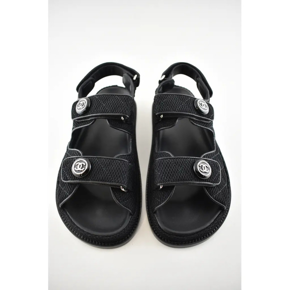 Chanel 21C Black Fabric Silver Logo Mule Slide Strap Flat Teva Dad Sandal 35.5 - Picture 8 of 12